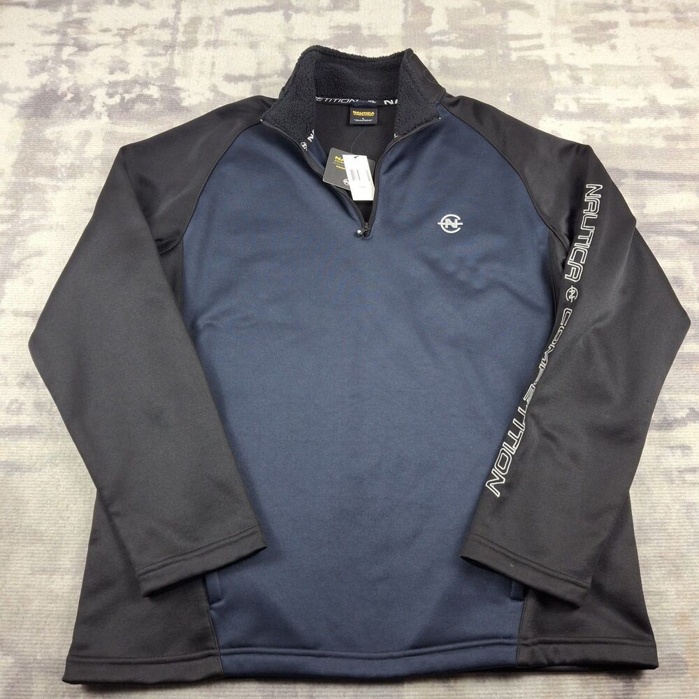 Nautica Competition 1/4 Zip Pullover Mens L Blue Black Sleeve Spellout Fleece...